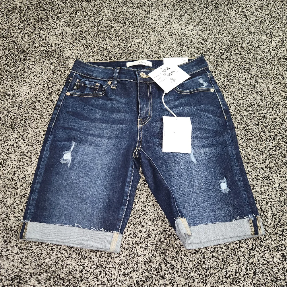 Kancan Mid Rise Bermuda Shorts Rolled Hem, Darkwash,Distressed,8